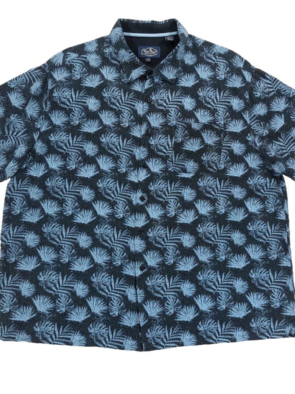 Nat Nast Hawaiian Shirt XXL, Silk & Cotton, Palm Print Blue/Black, Retro Bowling